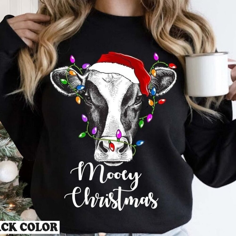 Mooey Christmas Sweatshirt Holiday Winter Cozy Farm Cow Graphic Tee 24